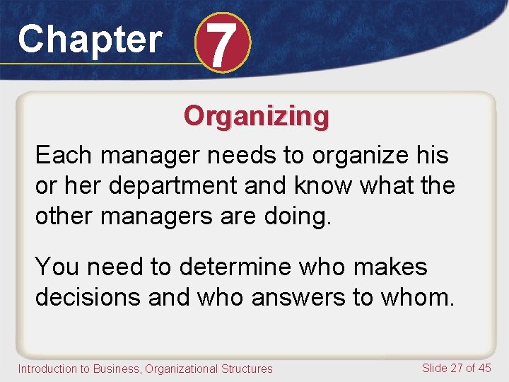 Chapter 7 Organizing Each manager needs to organize his or her department and know