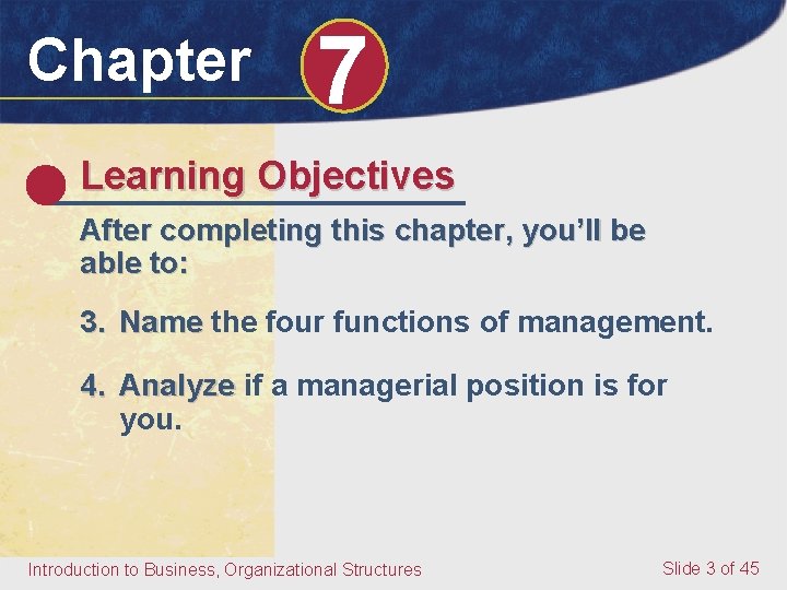 Chapter 7 Learning Objectives After completing this chapter, you’ll be able to: 3. Name
