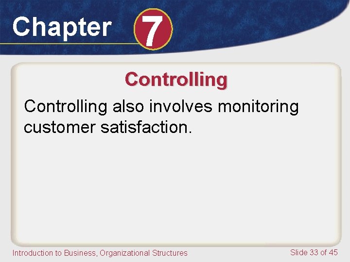 Chapter 7 Controlling also involves monitoring customer satisfaction. Introduction to Business, Organizational Structures Slide
