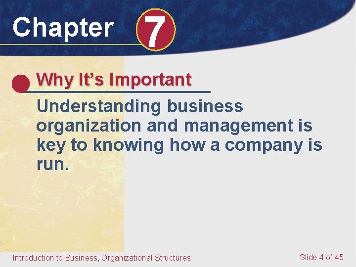 Chapter 7 Why It’s Important Understanding business organization and management is key to knowing