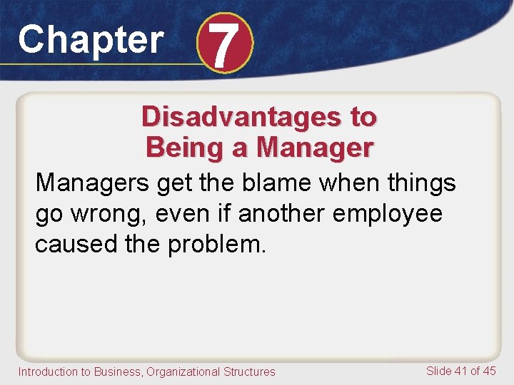 Chapter 7 Disadvantages to Being a Managers get the blame when things go wrong,