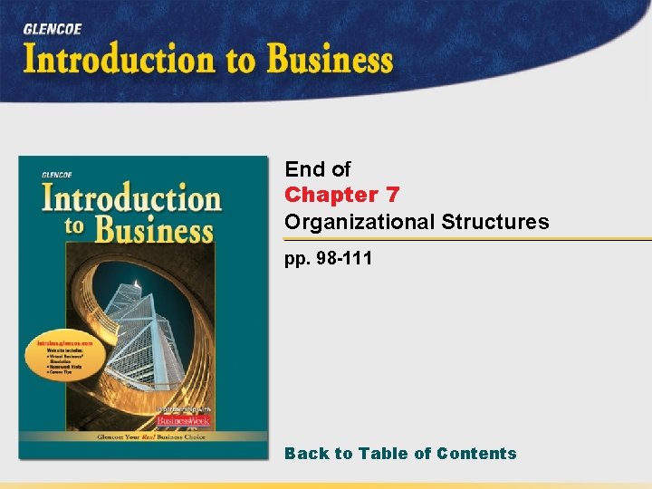 End of Chapter 7 Organizational Structures pp. 98 -111 Back to Table of Contents