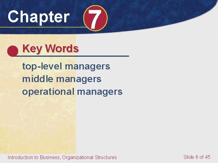 Chapter 7 Key Words top-level managers middle managers operational managers Introduction to Business, Organizational