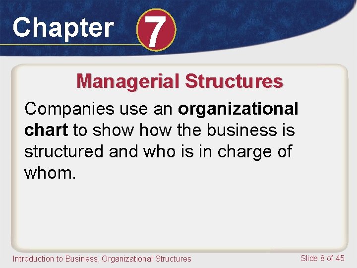 Chapter 7 Managerial Structures Companies use an organizational chart to show the business is