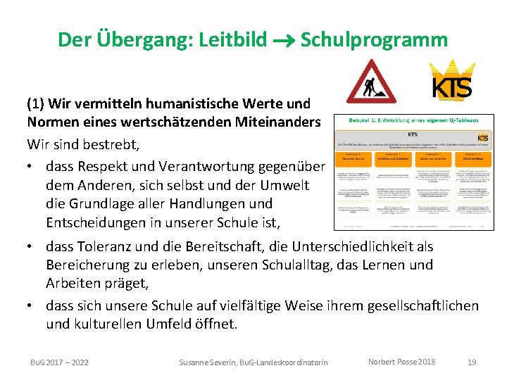 Der Übergang: Leitbild Schulprogramm (1) Wir vermitteln humanistische Werte und Normen eines wertschätzenden Miteinanders