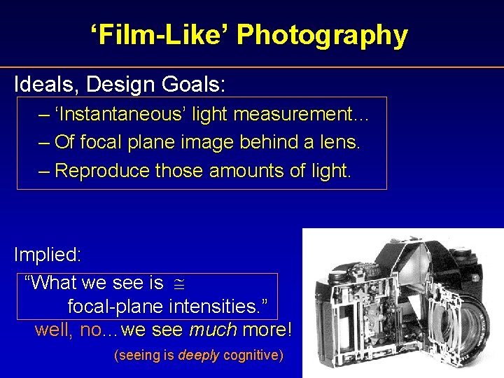 ‘Film-Like’ Photography Ideals, Design Goals: – ‘Instantaneous’ light measurement… – Of focal plane image