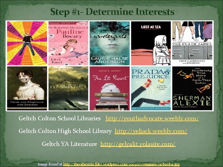 Step #1 - Determine Interests Geltch Colton School Libraries http: //youthadvocate. weebly. com/ Geltch