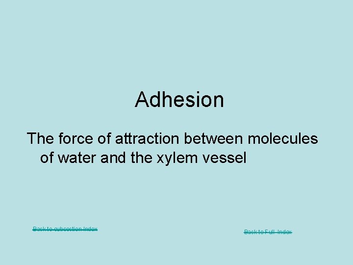 Adhesion The force of attraction between molecules of water and the xylem vessel Back