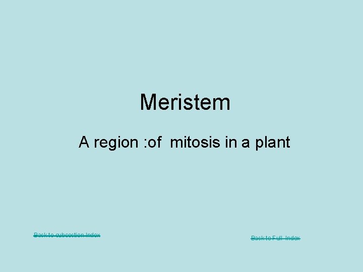 Meristem A region : of mitosis in a plant Back to subsection Index Back