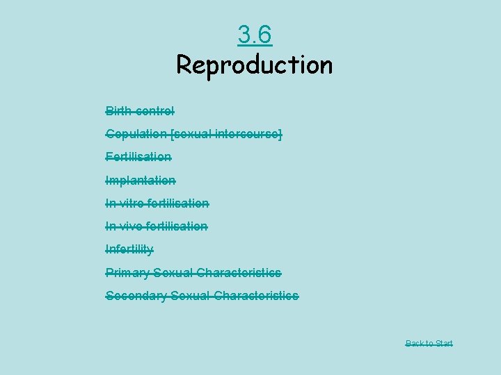 3. 6 Reproduction Birth control Copulation [sexual intercourse] Fertilisation Implantation In vitro fertilisation In