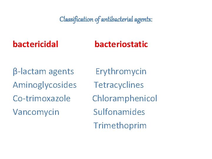 Classification of antibacterial agents: bactericidal bacteriostatic β-lactam agents Aminoglycosides Co-trimoxazole Vancomycin Erythromycin Tetracyclines Chloramphenicol