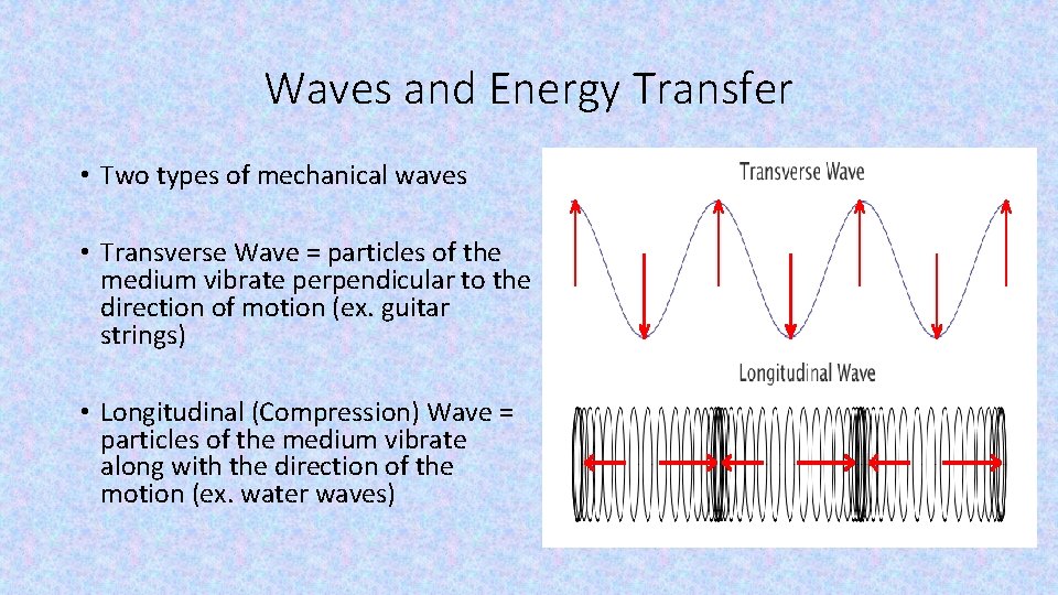 Waves and Energy Transfer • Two types of mechanical waves • Transverse Wave =