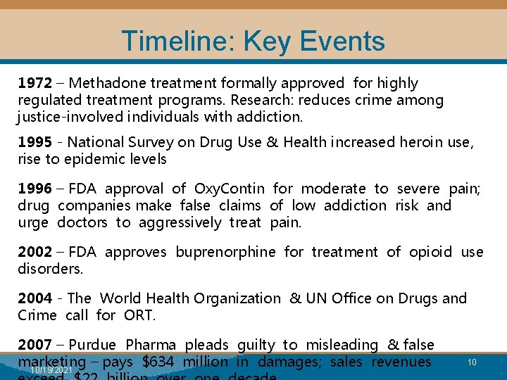 Timeline: Key Events 1972 – Methadone treatment formally approved for highly regulated treatment programs.