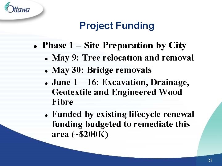 Project Funding l Phase 1 – Site Preparation by City l l May 9: