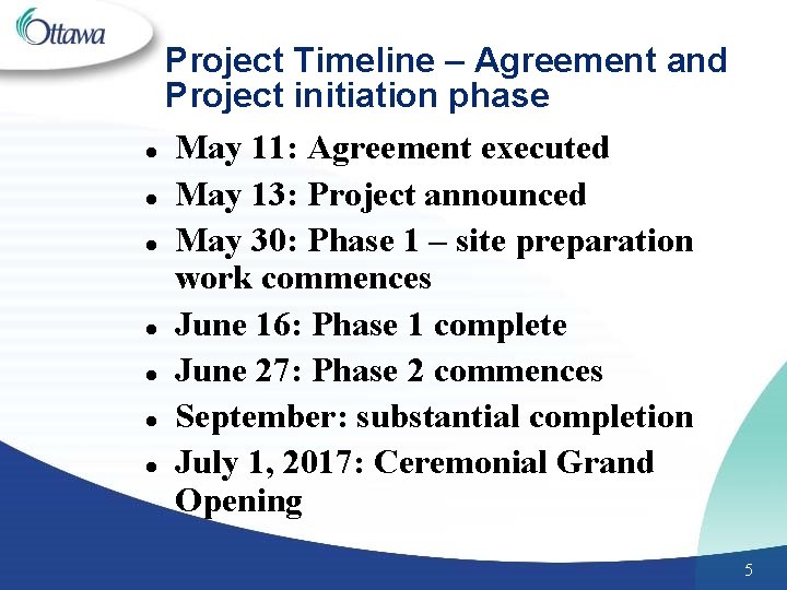 Project Timeline – Agreement and Project initiation phase l May 11: Agreement executed l