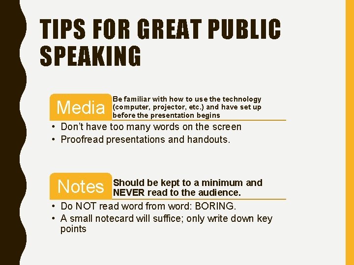 TIPS FOR GREAT PUBLIC SPEAKING Media Be familiar with how to use the technology