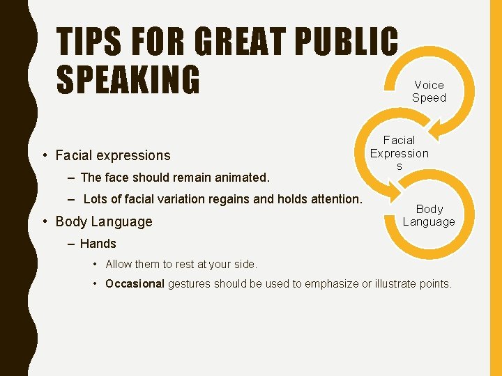 TIPS FOR GREAT PUBLIC SPEAKING • Facial expressions – The face should remain animated.