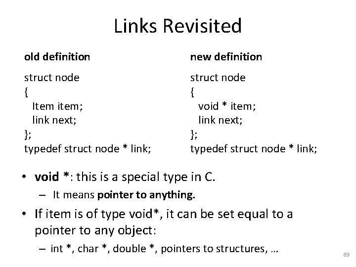 Links Revisited old definition new definition struct node { Item item; link next; };
