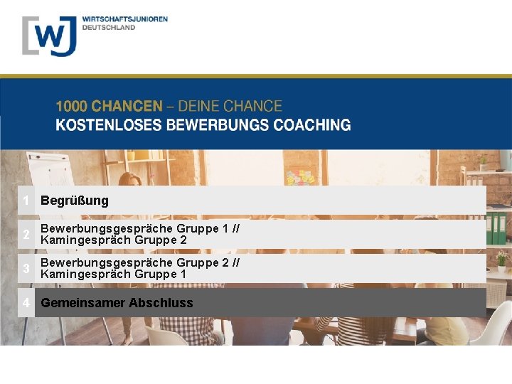 1 Begrüßung Bewerbungsgespräche Gruppe 1 // 2 Kamingespräch Gruppe 2 Bewerbungsgespräche Gruppe 2 //