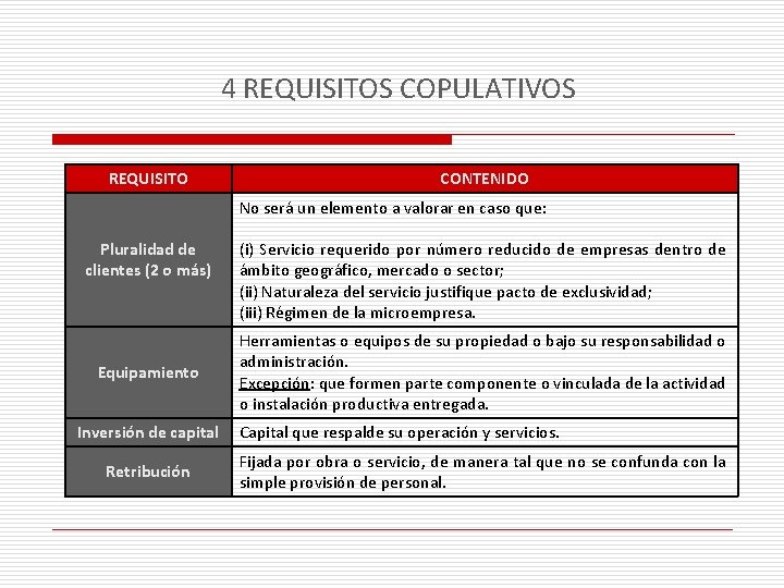 4 REQUISITOS COPULATIVOS REQUISITO CONTENIDO No será un elemento a valorar en caso que: