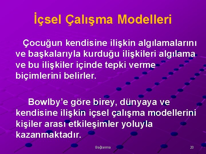 İçsel Çalışma Modelleri Çocuğun kendisine ilişkin algılamalarını ve başkalarıyla kurduğu ilişkileri algılama ve bu