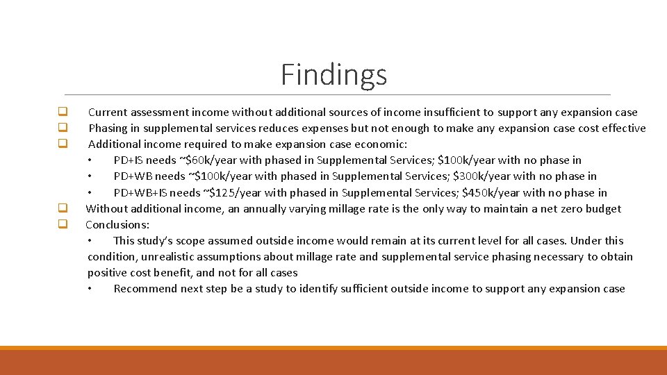 Findings q q q Current assessment income without additional sources of income insufficient to