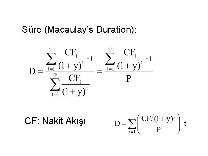 Süre (Macaulay’s Duration): CF: Nakit Akışı 