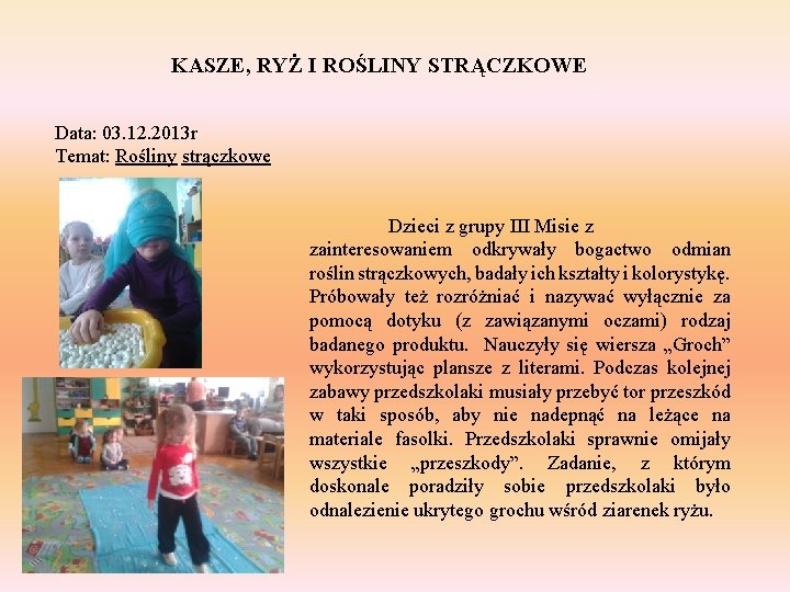 KASZE, RYŻ I ROŚLINY STRĄCZKOWE Data: 03. 12. 2013 r Temat: Rośliny strączkowe Dzieci