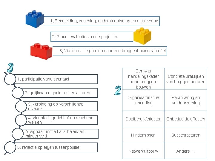 1, Begeleiding, coaching, ondersteuning op maat en vraag 2, Procesevaluatie van de projecten 3,