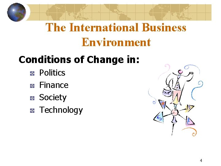 The International Business Environment Conditions of Change in: Politics Finance Society Technology 4 