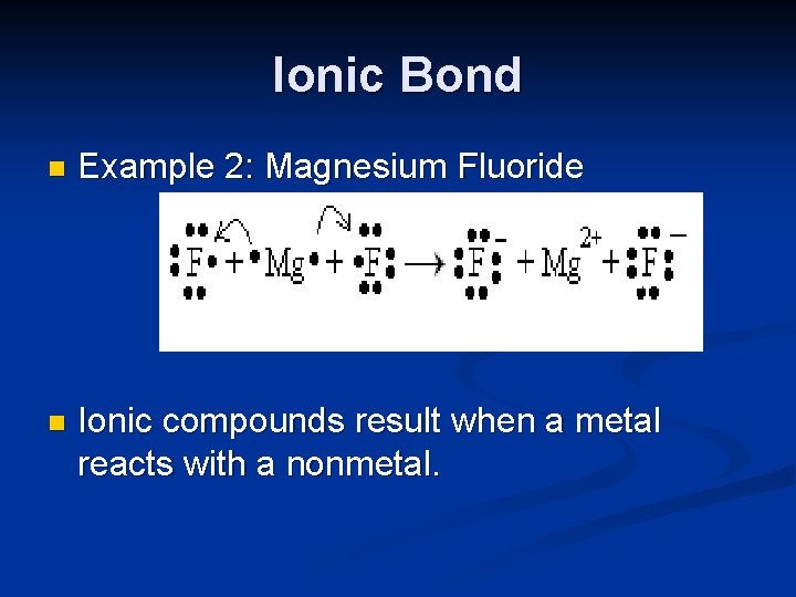 Ionic Bond n Example 2: Magnesium Fluoride n Ionic compounds result when a metal