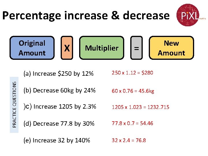 Percentage increase & decrease PRACTICE QUESTIONS Original Amount X Multiplier = New Amount (a)