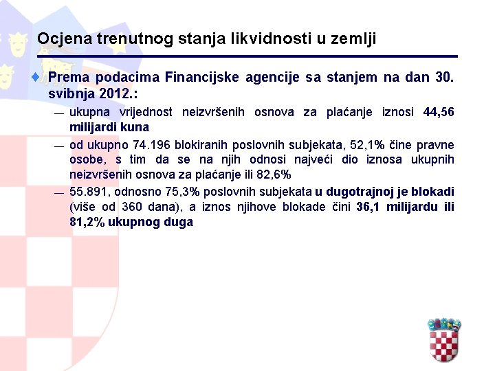 Ocjena trenutnog stanja likvidnosti u zemlji ¨ Prema podacima Financijske agencije sa stanjem na