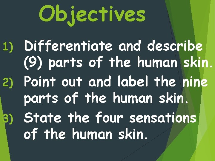 Objectives Differentiate and describe (9) parts of the human skin. 2) Point out and