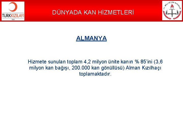 DÜNYADA KAN HİZMETLERİ ALMANYA Hizmete sunulan toplam 4, 2 milyon ünite kanın % 85’ini