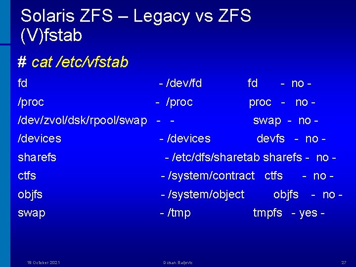 Solaris ZFS – Legacy vs ZFS (V)fstab # cat /etc/vfstab fd - /dev/fd fd