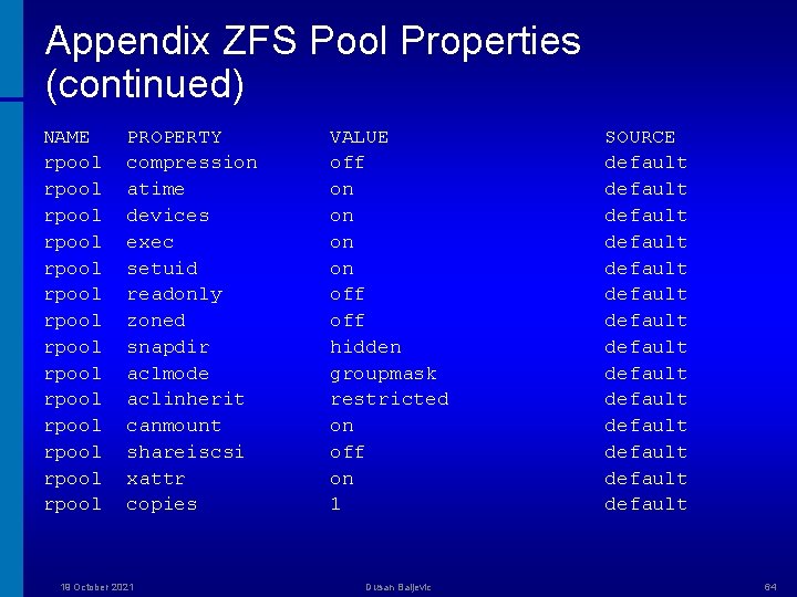 Appendix ZFS Pool Properties (continued) NAME rpool rpool rpool rpool PROPERTY compression atime devices