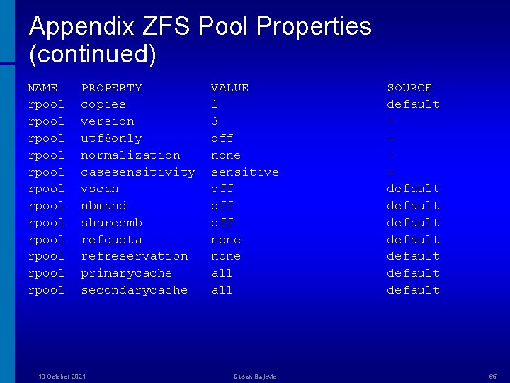 Appendix ZFS Pool Properties (continued) NAME rpool rpool rpool PROPERTY copies version utf 8