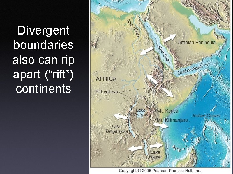 Divergent boundaries also can rip apart (“rift”) continents 