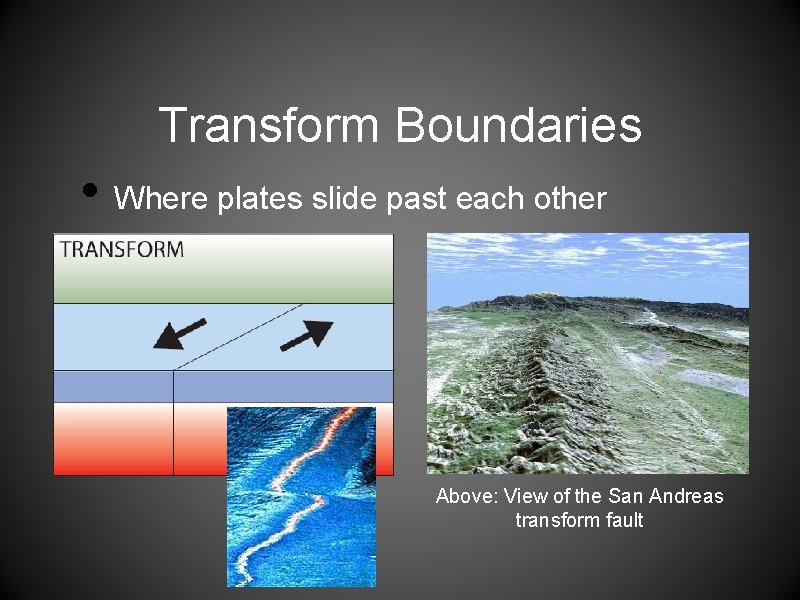 Transform Boundaries • Where plates slide past each other Above: View of the San