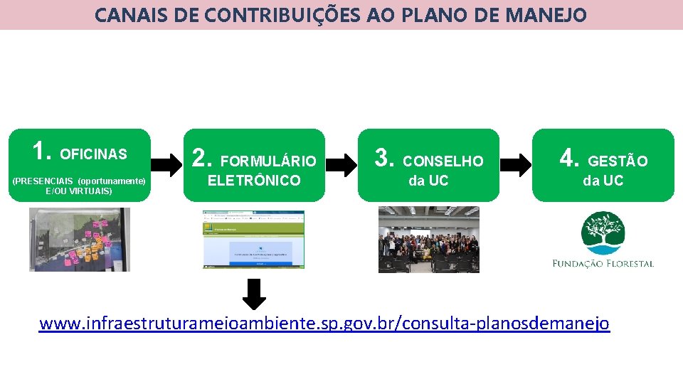 CANAIS DE CONTRIBUIÇÕES AO PLANO DE MANEJO 1. OFICINAS (PRESENCIAIS (oportunamente) E/OU VIRTUAIS) 2.