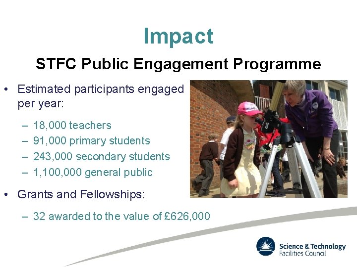 Impact STFC Public Engagement Programme • Estimated participants engaged per year: – – 18,