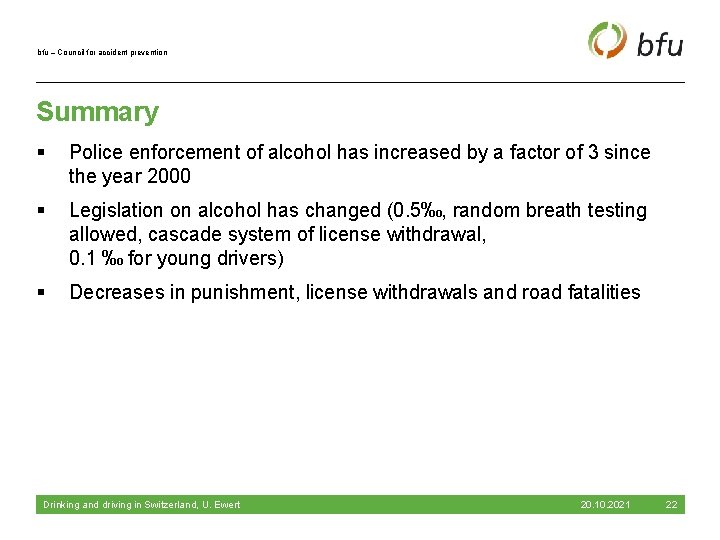 bfu – Council for accident prevention Summary § Police enforcement of alcohol has increased