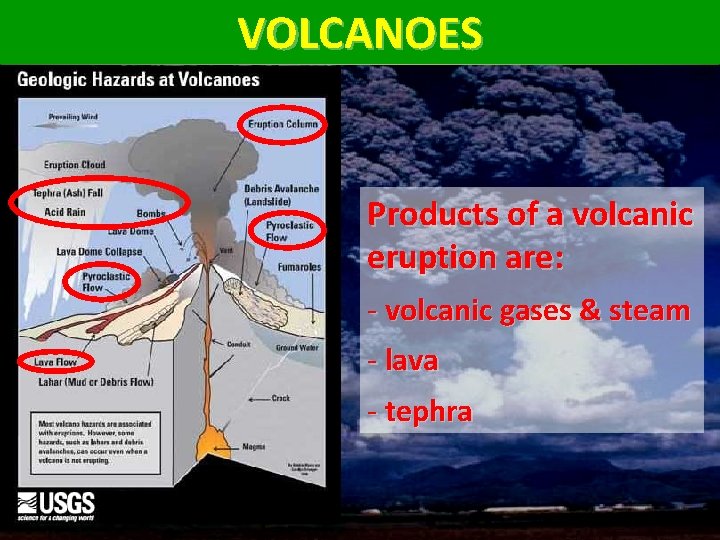 VOLCANOES Products of a volcanic eruption are: - volcanic gases & steam - lava