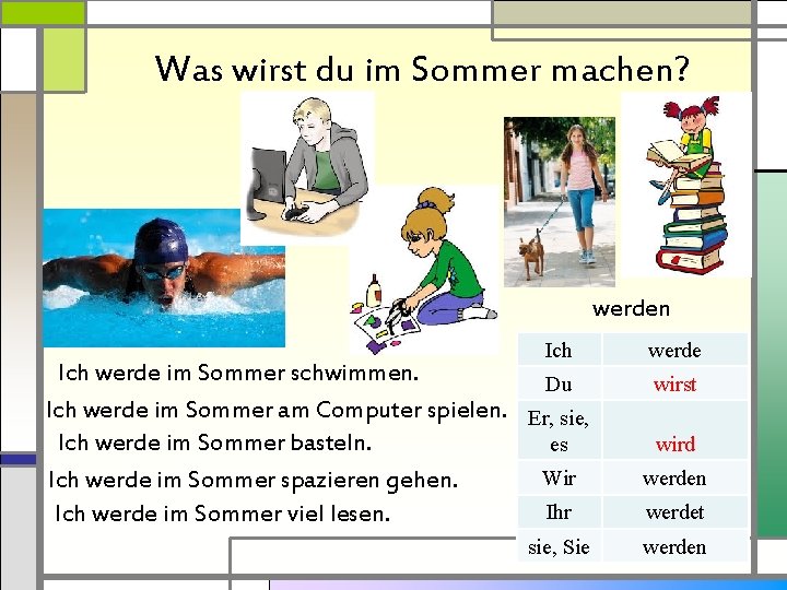 Was wirst du im Sommer machen? werden Ich werde im Sommer schwimmen. Du Ich