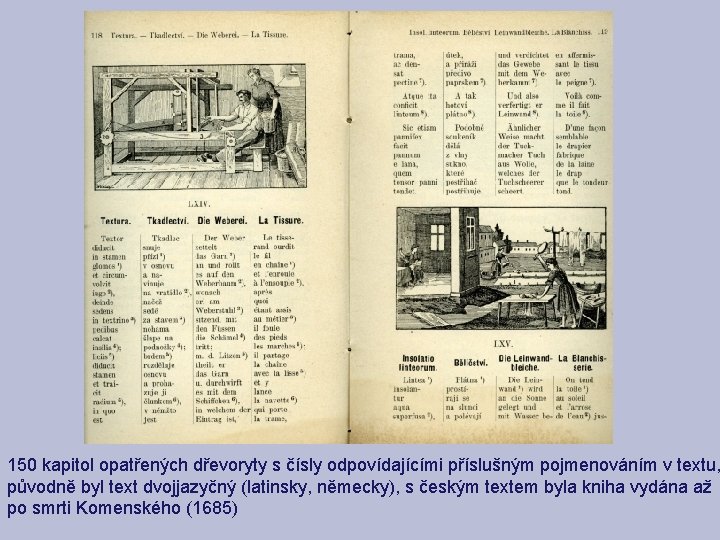 150 kapitol opatřených dřevoryty s čísly odpovídajícími příslušným pojmenováním v textu, původně byl text
