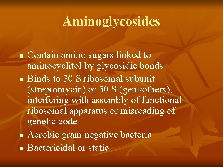 Aminoglycosides n n Contain amino sugars linked to aminocyclitol by glycosidic bonds Binds to