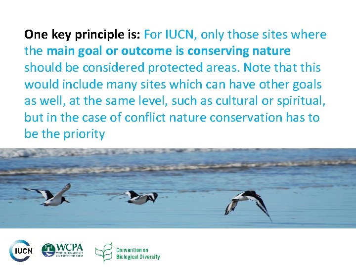 One key principle is: For IUCN, only those sites where the main goal or One key principle is: For IUCN, only those sites where the main goal or
