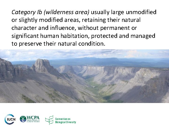 Category Ib (wilderness area) usually large unmodified or slightly modified areas, retaining their natural Category Ib (wilderness area) usually large unmodified or slightly modified areas, retaining their natural