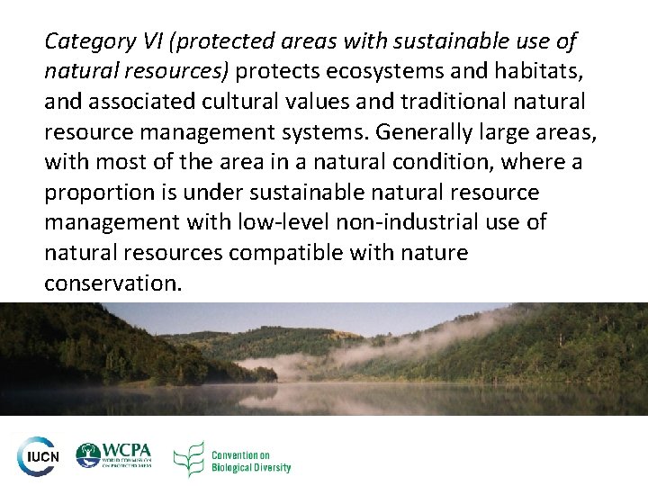 Category VI (protected areas with sustainable use of natural resources) protects ecosystems and habitats, Category VI (protected areas with sustainable use of natural resources) protects ecosystems and habitats,